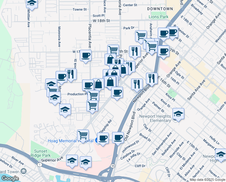 map of restaurants, bars, coffee shops, grocery stores, and more near 501 Superior Avenue in Newport Beach