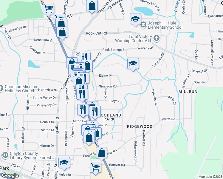 map of restaurants, bars, coffee shops, grocery stores, and more near 4517 Ridge Drive in Forest Park