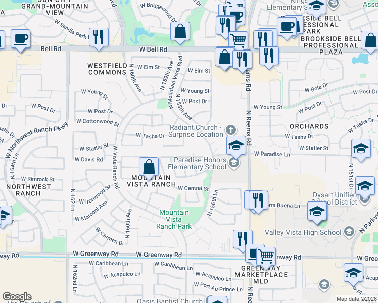 map of restaurants, bars, coffee shops, grocery stores, and more near 15856 West Paradise Lane in Surprise