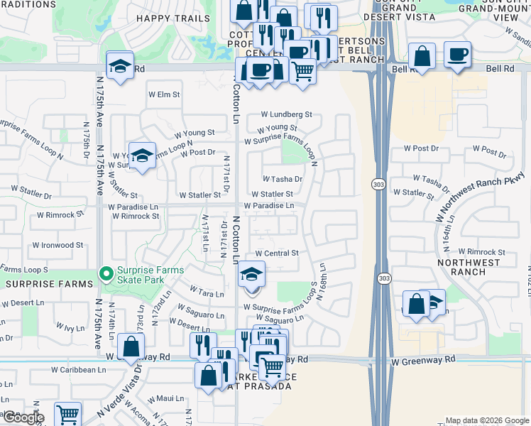 map of restaurants, bars, coffee shops, grocery stores, and more near 17022 West Rimrock Street in Surprise