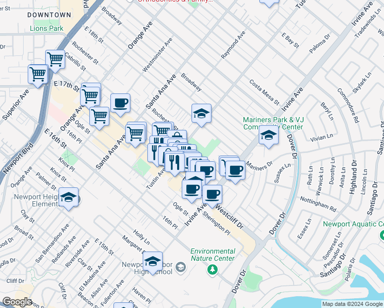 map of restaurants, bars, coffee shops, grocery stores, and more near 420 Cabrillo Street in Costa Mesa