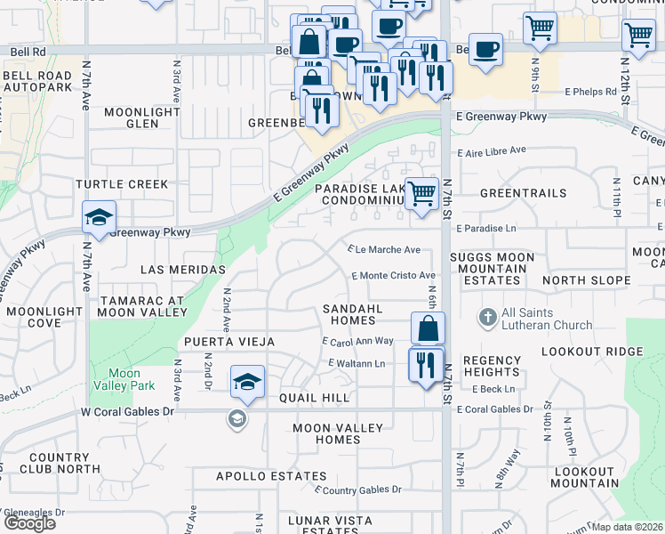 map of restaurants, bars, coffee shops, grocery stores, and more near 234 East Monte Cristo Avenue in Phoenix