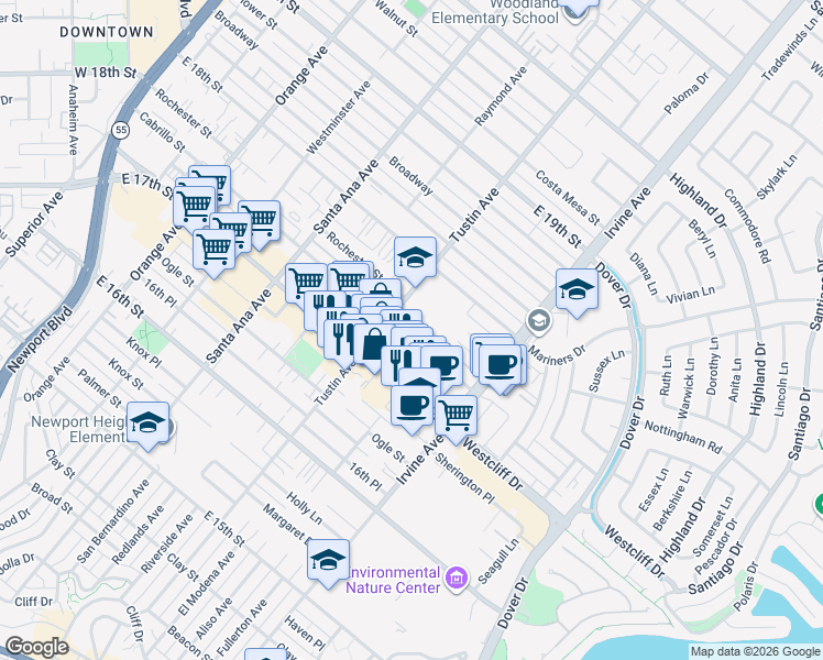 map of restaurants, bars, coffee shops, grocery stores, and more near 410 Cabrillo Street in Costa Mesa