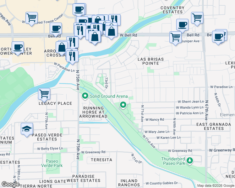map of restaurants, bars, coffee shops, grocery stores, and more near 16134 North 72nd Lane in Peoria