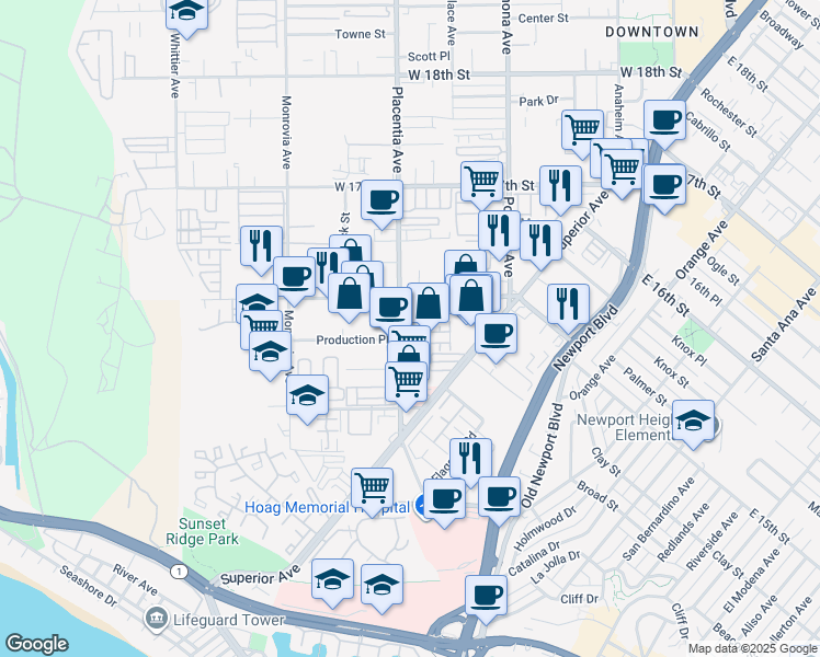 map of restaurants, bars, coffee shops, grocery stores, and more near 5 Ebb Tide Circle in Newport Beach