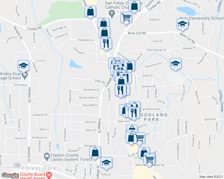 map of restaurants, bars, coffee shops, grocery stores, and more near 4518 Mitchell St in Forest Park