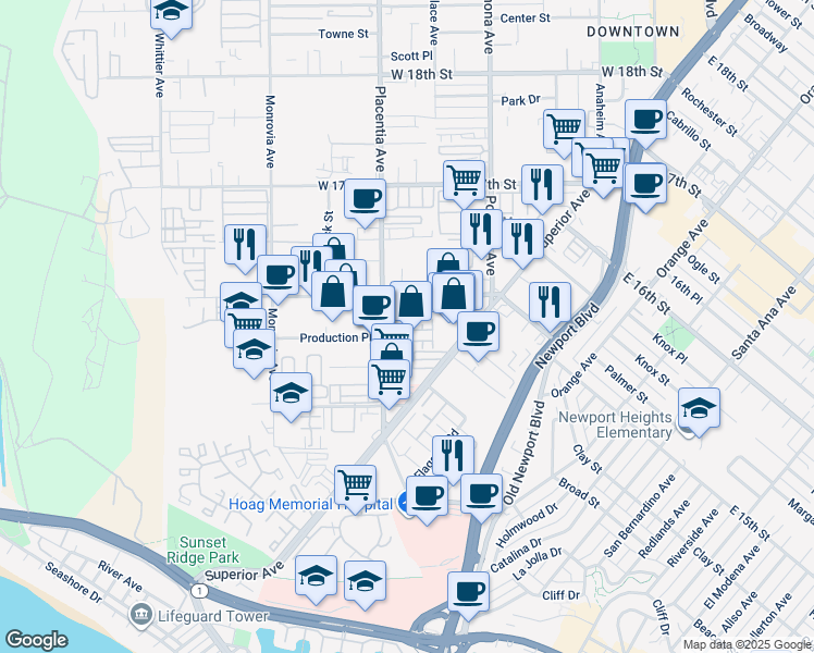 map of restaurants, bars, coffee shops, grocery stores, and more near 32 Ebb Tide Circle in Newport Beach