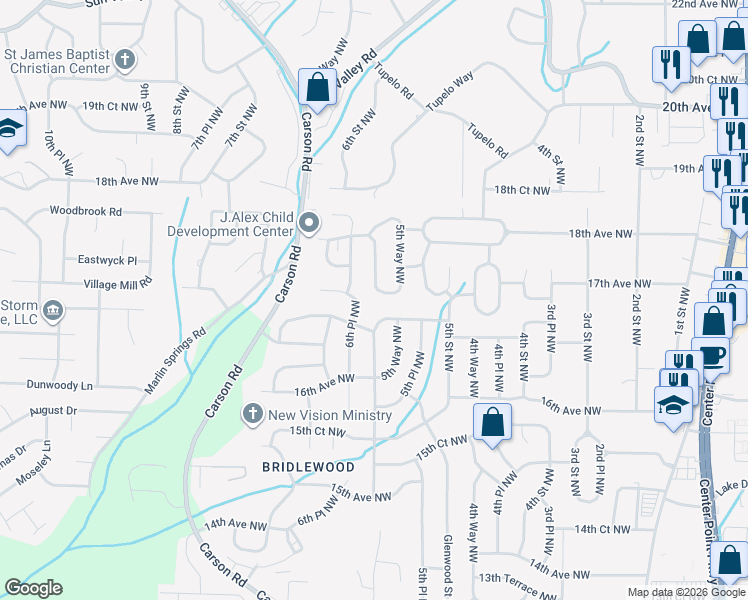 map of restaurants, bars, coffee shops, grocery stores, and more near 1704 6th St NW in Center Point
