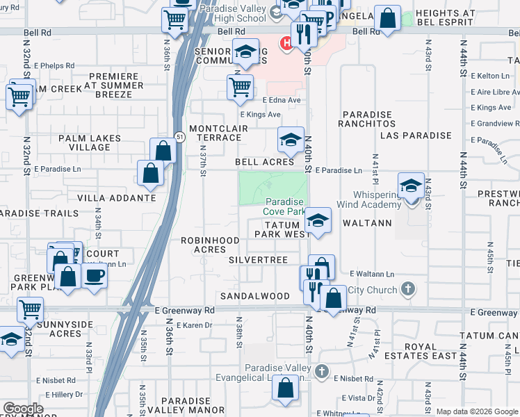 map of restaurants, bars, coffee shops, grocery stores, and more near 3829 East Monte Cristo Avenue in Phoenix