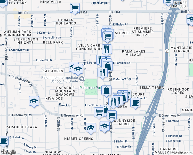 map of restaurants, bars, coffee shops, grocery stores, and more near 3046 East Marconi Avenue in Phoenix