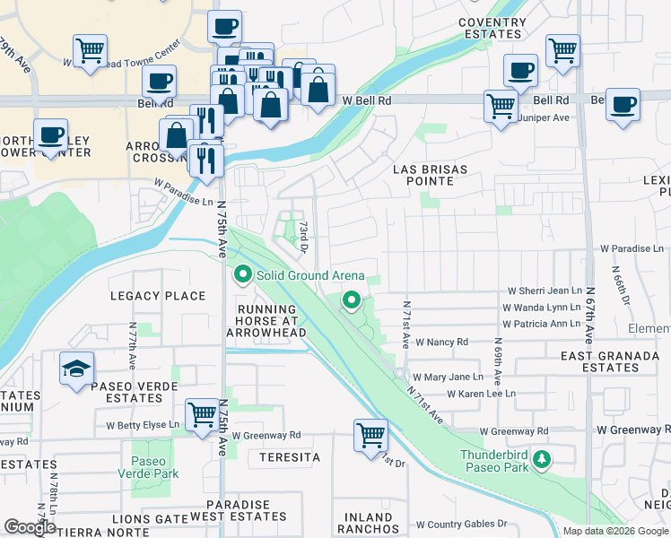 map of restaurants, bars, coffee shops, grocery stores, and more near 16134 North 72nd Lane in Peoria