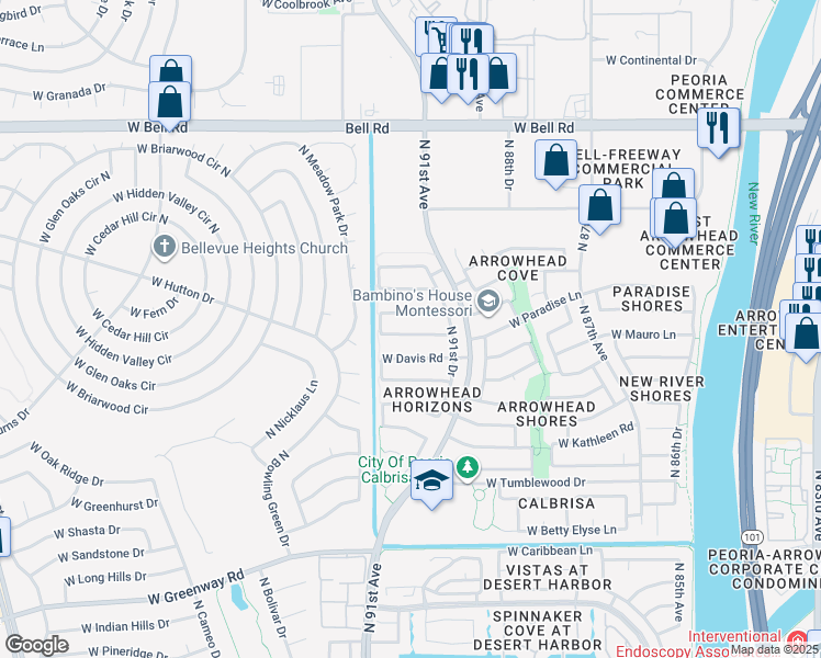 map of restaurants, bars, coffee shops, grocery stores, and more near 9224 West Paradise Lane in Peoria