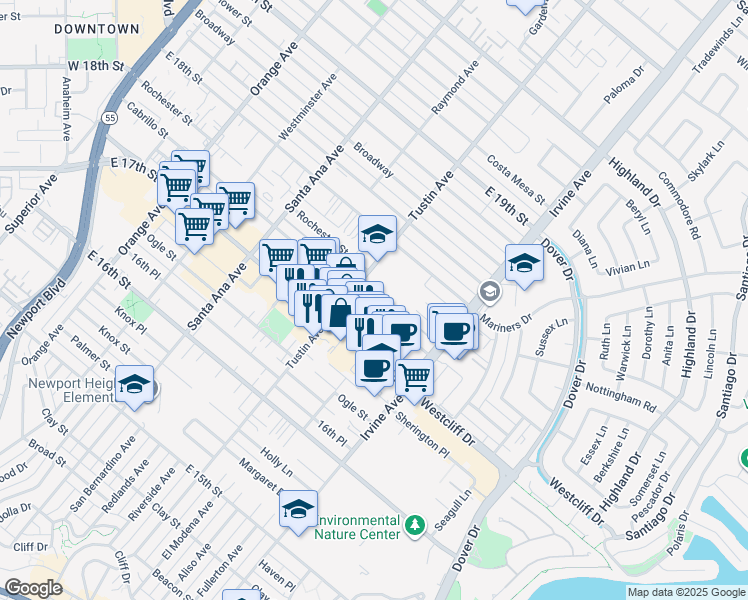 map of restaurants, bars, coffee shops, grocery stores, and more near 410 Cabrillo Street in Costa Mesa