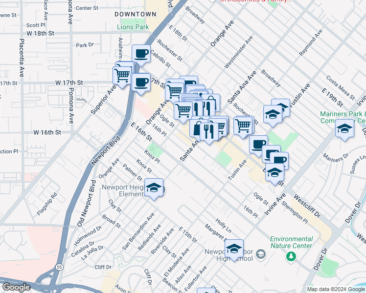 map of restaurants, bars, coffee shops, grocery stores, and more near 280 16th Place in Costa Mesa