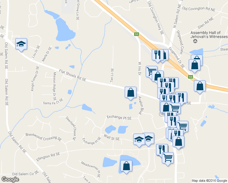 map of restaurants, bars, coffee shops, grocery stores, and more near 1875 Flat Shoals Road Southeast in Conyers