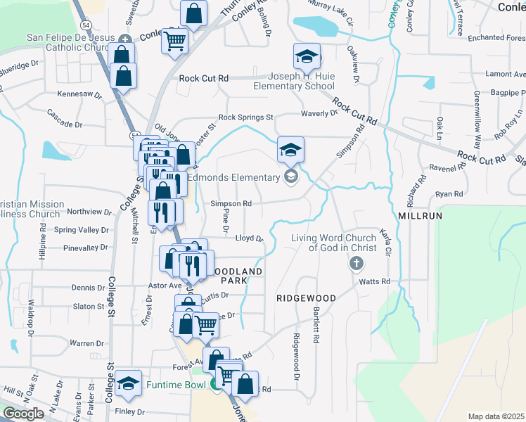 map of restaurants, bars, coffee shops, grocery stores, and more near 4510 Montclair Drive in Forest Park