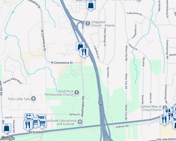 map of restaurants, bars, coffee shops, grocery stores, and more near 4560 Washington Road in Atlanta
