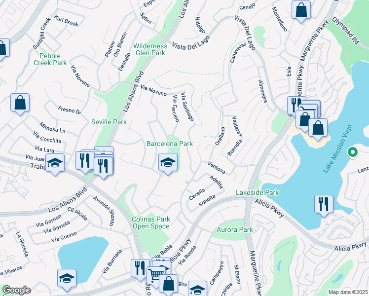 map of restaurants, bars, coffee shops, grocery stores, and more near 22801 Vía Santiago in Mission Viejo