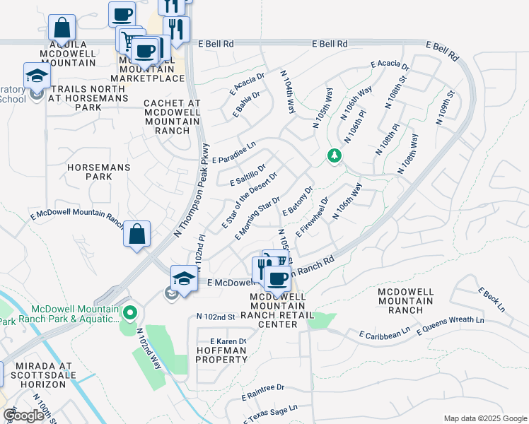 map of restaurants, bars, coffee shops, grocery stores, and more near 10455 East Morning Star Drive in Scottsdale