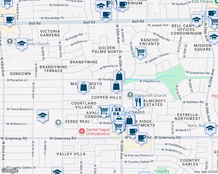 map of restaurants, bars, coffee shops, grocery stores, and more near 16026 North 35th Drive in Phoenix