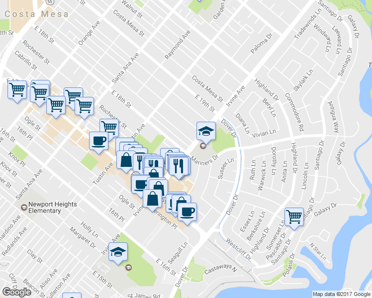 map of restaurants, bars, coffee shops, grocery stores, and more near 498 East 18th Street in Costa Mesa