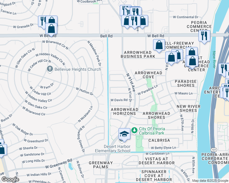 map of restaurants, bars, coffee shops, grocery stores, and more near 9224 West Paradise Lane in Peoria