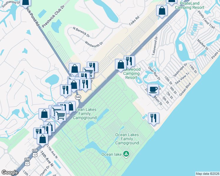 map of restaurants, bars, coffee shops, grocery stores, and more near 5715 Old Kings Road in Myrtle Beach