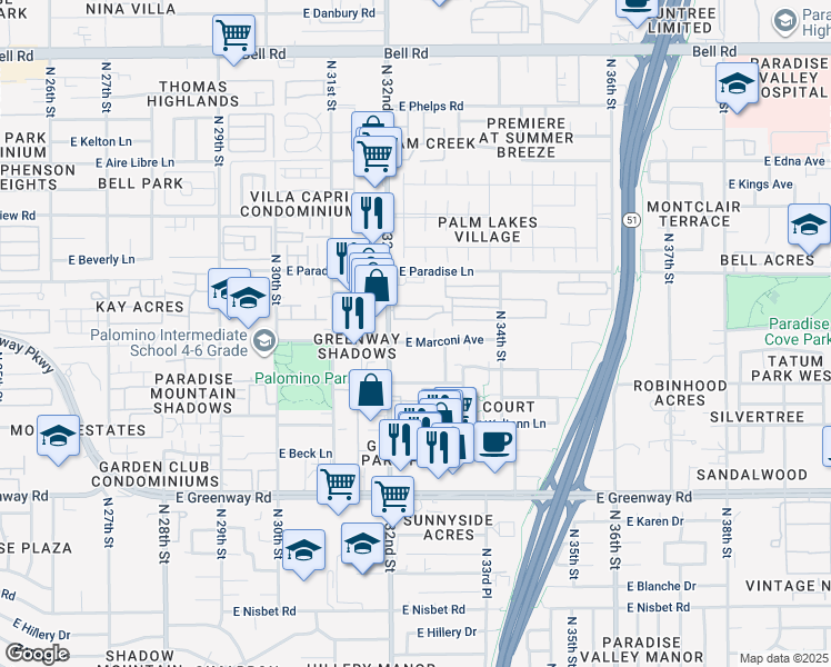 map of restaurants, bars, coffee shops, grocery stores, and more near 15843 North 32nd Place in Phoenix