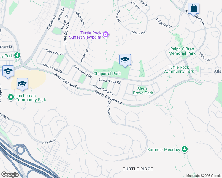 map of restaurants, bars, coffee shops, grocery stores, and more near 19381 Sierra Bello Road in Irvine