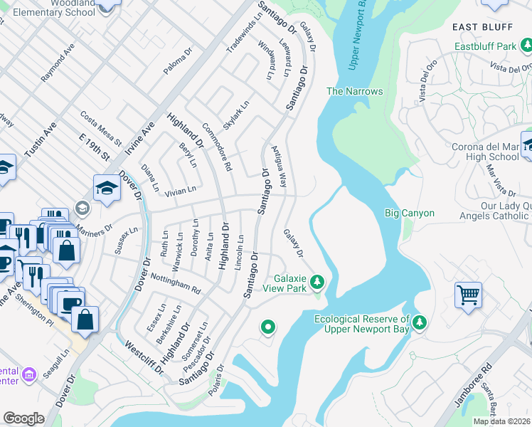 map of restaurants, bars, coffee shops, grocery stores, and more near 1444 Santiago Drive in Newport Beach
