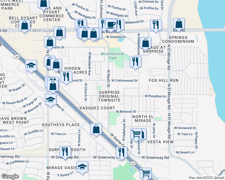map of restaurants, bars, coffee shops, grocery stores, and more near 12707 West Tasha Drive in Surprise