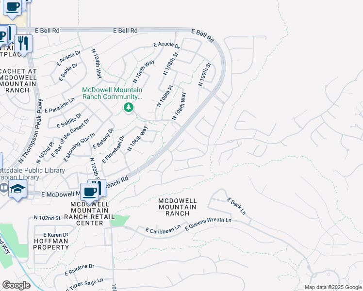 map of restaurants, bars, coffee shops, grocery stores, and more near 16015 North 108th Street in Scottsdale