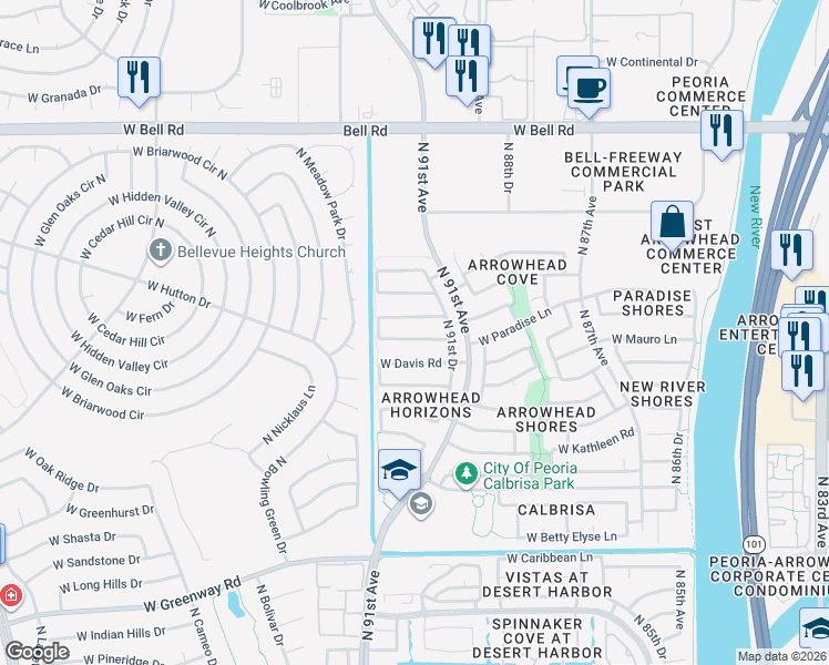 map of restaurants, bars, coffee shops, grocery stores, and more near 9152 West Paradise Lane in Peoria