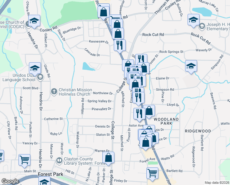 map of restaurants, bars, coffee shops, grocery stores, and more near 4521 College Street in Forest Park