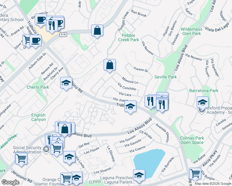 map of restaurants, bars, coffee shops, grocery stores, and more near 26372 Vía Lara in Mission Viejo