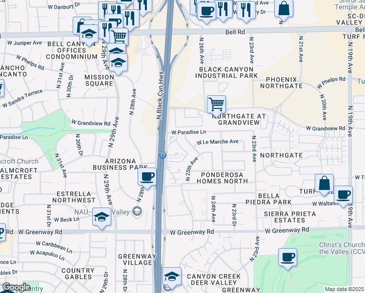 map of restaurants, bars, coffee shops, grocery stores, and more near 16047 North 25th Drive in Phoenix