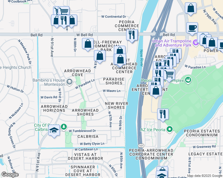 map of restaurants, bars, coffee shops, grocery stores, and more near 8660 West Mauro Lane in Peoria