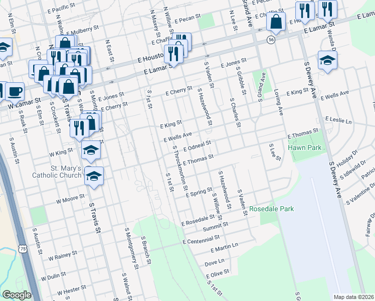 map of restaurants, bars, coffee shops, grocery stores, and more near 800 South Maxey Street in Sherman