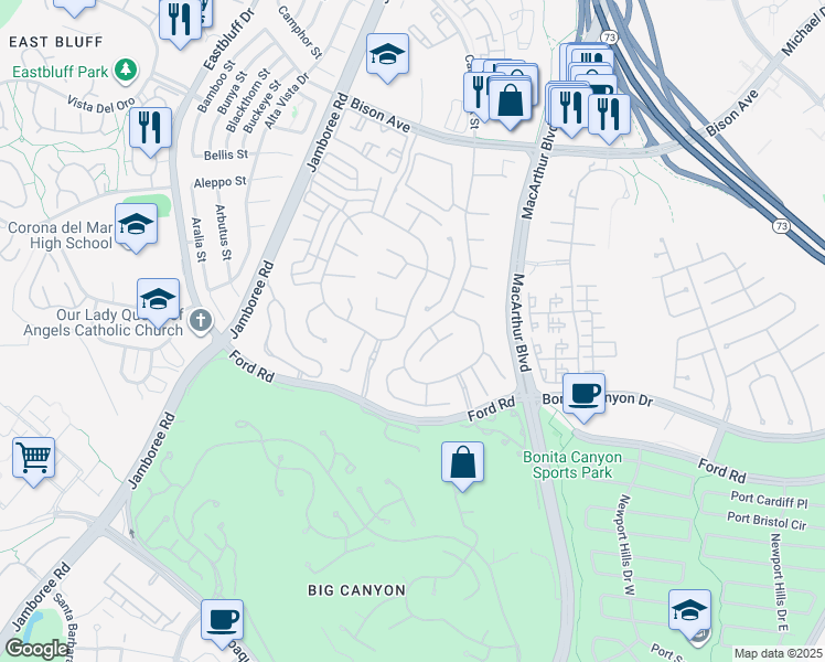 map of restaurants, bars, coffee shops, grocery stores, and more near 12 Old Course Drive in Newport Beach