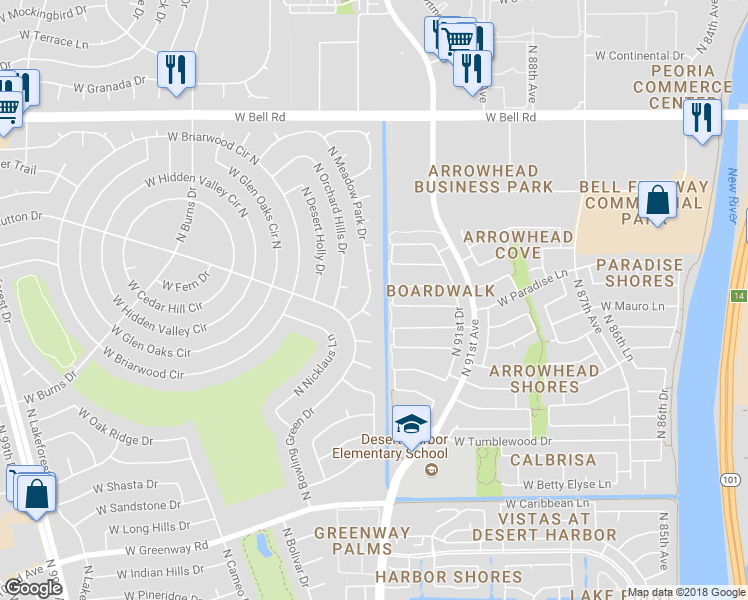 map of restaurants, bars, coffee shops, grocery stores, and more near 16205 North Meadow Park Drive in Sun City