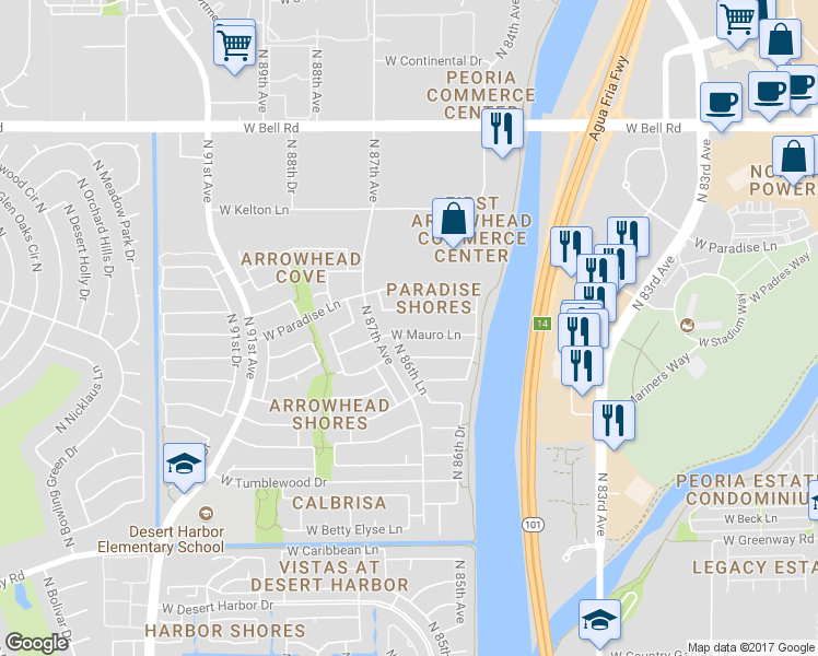 map of restaurants, bars, coffee shops, grocery stores, and more near 8660 West Mauro Lane in Peoria