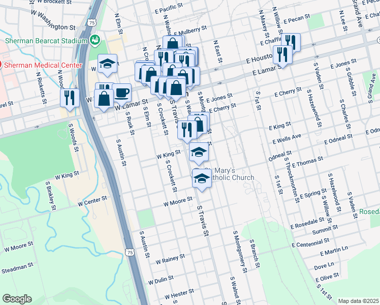 map of restaurants, bars, coffee shops, grocery stores, and more near 603 South Travis Street in Sherman