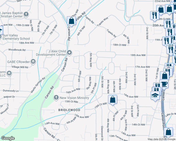 map of restaurants, bars, coffee shops, grocery stores, and more near 1701 5th Way Northwest in Center Point