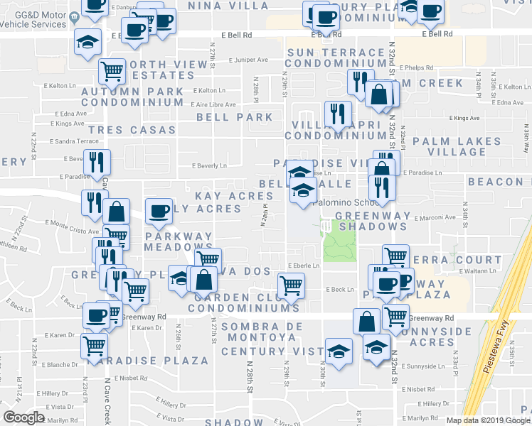 map of restaurants, bars, coffee shops, grocery stores, and more near 2825 East Marconi Avenue in Phoenix