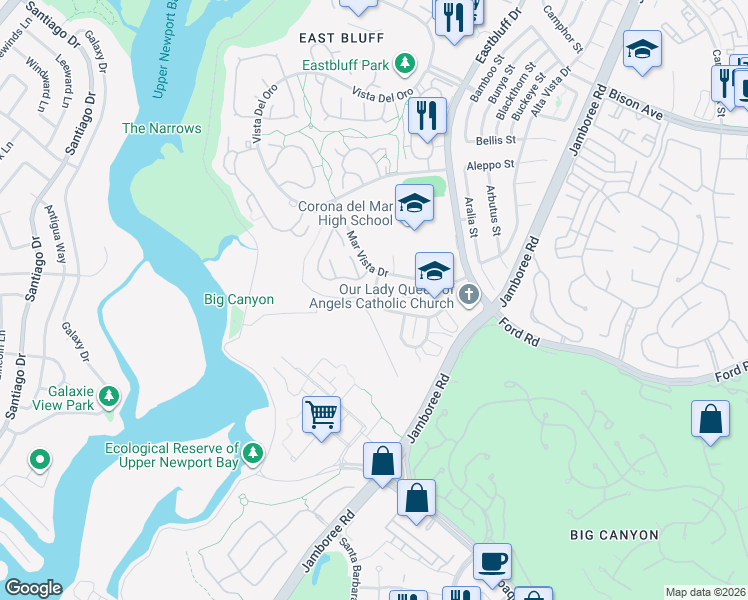 map of restaurants, bars, coffee shops, grocery stores, and more near 725 Domingo Drive in Newport Beach