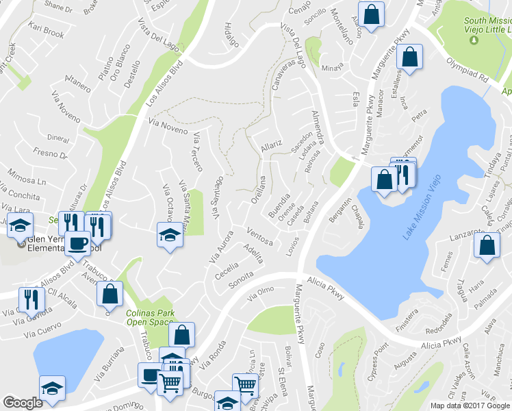 map of restaurants, bars, coffee shops, grocery stores, and more near 22802 Orellana in Mission Viejo