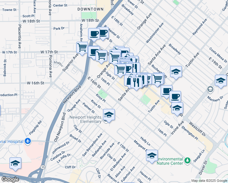map of restaurants, bars, coffee shops, grocery stores, and more near 269 16th Place in Costa Mesa