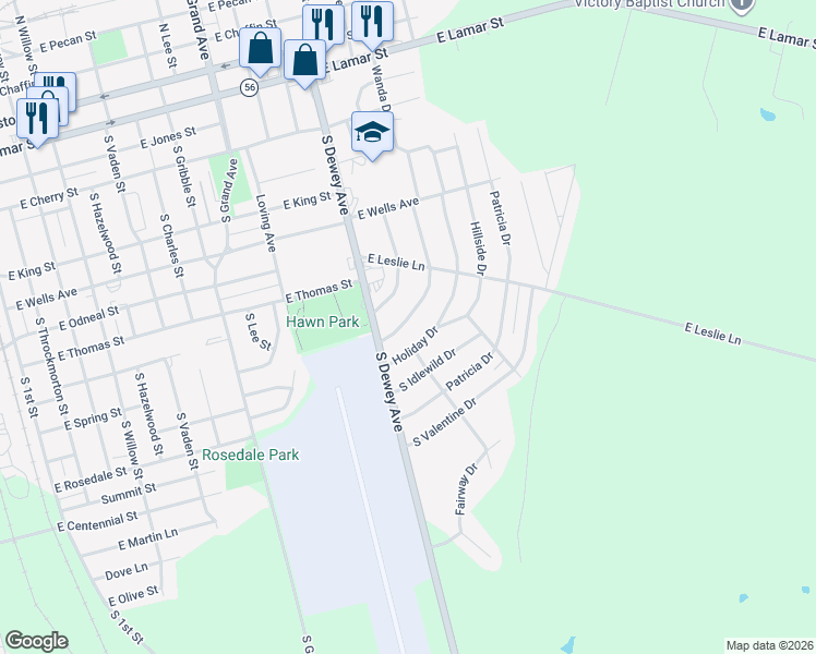 map of restaurants, bars, coffee shops, grocery stores, and more near 909 South Andrews Avenue in Sherman