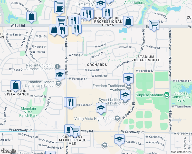 map of restaurants, bars, coffee shops, grocery stores, and more near 15261 West Statler Street in Surprise