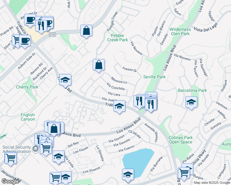 map of restaurants, bars, coffee shops, grocery stores, and more near 26441 Vía Lara in Mission Viejo